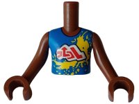 LEGO part Torso Mini Doll Boy Blue Sleeveless Shirt with Yellow Splotches and White Cloud with Red Symbols Pattern, Reddish Brown Arms with Hands FTBpb091c01