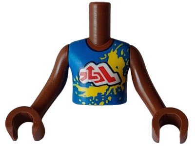 LEGO part Torso Mini Doll Boy Blue Sleeveless Shirt with Yellow Splotches and White Cloud with Red Symbols Pattern, Reddish Brown Arms with Hands (FTBpb091c01)