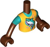 LEGO part Torso Mini Doll Boy Bright Light Orange Shirt with Shark and Music Notes Pattern, Reddish Brown Arms with Hands with Dark Turquoise Short Sleeves FTBpb094c01