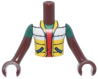 LEGO part Torso Mini Doll Boy White Jacket with Blue Pockets, Yellow Bottom and Collar over Red Shirt, 'POW! in Star on Back Pattern, Reddish Brown Arms with Hands with Green Short Sleeves FTBpb135c01