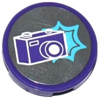 LEGO part Tile, Round 2 x 2 with Bottom Stud Holder with Dark Purple Camera and Medium Azure Star Pattern (Sticker) - Set 41129 14769pb164