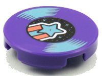 LEGO part Tile, Round 2 x 2 with Bottom Stud Holder with LP Record, Metallic Light Blue Shooting Star on Label Pattern 14769pb387