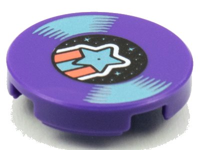 LEGO part Tile, Round 2 x 2 with Bottom Stud Holder with LP Record, Metallic Light Blue Shooting Star on Label Pattern (14769pb387)