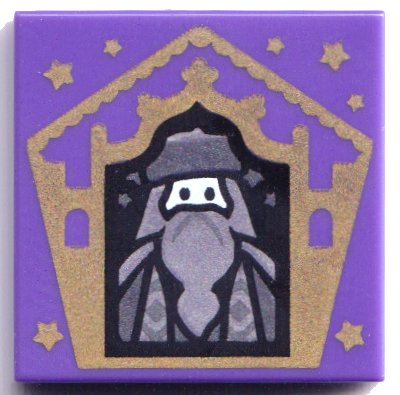 LEGO part Tile 2 x 2 with HP Chocolate Frog Card Albus Dumbledore Gold Pattern (3068pb1743)