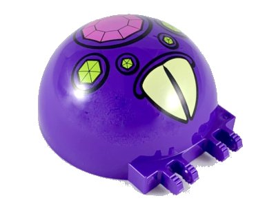 LEGO part Windscreen 6 x 6 x 3 Canopy Half Sphere with Dual 2 Fingers with Dark Pink and Lime Jewels with Large Yellowed Teeth Pattern (50747pb16)