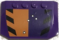 LEGO part Wedge 4 x 6 x 2/3 Triple Curved with Bullet Holes and Black Stripes on Orange and Dark Purple Background Pattern (Sticker) - Set 6864 52031pb116
