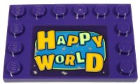 LEGO part Tile, Modified 4 x 6 with Studs on Edges with Bright Light Orange and Yellowish Green 'HAPPY WORLD' Pattern (Sticker) - Set 70432 6180pb125