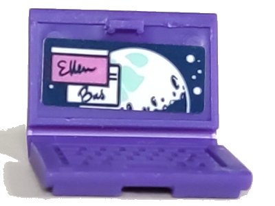 LEGO onderdeel Minifigure, Utensil Computer Laptop with Screen with Script 'Ellen' and 'Bas', White and Light Aqua Moon and Stars Pattern (Sticker) - Set 41395 (62698pb17)