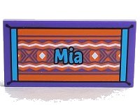 LEGO part Tile 2 x 4 with Dark Azure 'Mia' on Orange Beach Towel with White Diamonds and Wavy Lines Pattern 87079pb0602