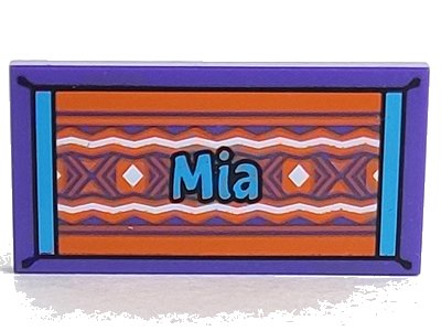 LEGO part Tile 2 x 4 with Dark Azure 'Mia' on Orange Beach Towel with White Diamonds and Wavy Lines Pattern (87079pb0602)