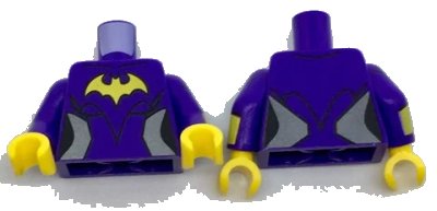 LEGO onderdeel Torso Female Outline with Yellow Bat and Silver Side Trim Pattern / Dark Purple Arms with Yellow Cuffs Pattern / Yellow Hands (973pb2624c01)