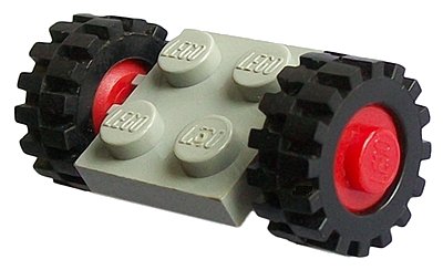 LEGO onderdeel Plate, Modified 2 x 2 with Red Wheels with Black Tires 15mm D. x 6mm Offset Tread Small (122c01 / 3641) (122c01assy2)