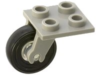 LEGO part Plate, Modified 2 x 2 Thin with Plane Single Wheel Holder and Trans-Clear Wheel with Black Tire 14mm D. x 4mm Smooth Small Single (2415 / 3464c01) 2415c01