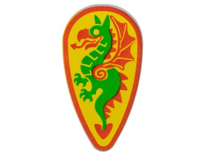 LEGO onderdeel Minifigure, Shield Ovoid with Green and Red Dragon on Yellow Background Pattern (2586p4b)