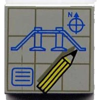 LEGO part Tile 2 x 2 with Blue Blueprints, Letter N, and Compass Needle, Yellow Pencil on Dark Gray Grid Pattern 3068px28