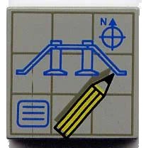LEGO onderdeel Tile 2 x 2 with Blue Blueprints, Letter N, and Compass Needle, Yellow Pencil on Dark Gray Grid Pattern (3068px28)
