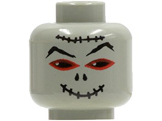 LEGO onderdeel Minifigure, Head Alien Mummy with Black and Red Eyes, Eyebrows, Nose Holes, Stitched Smile Mouth and Forehead Scar Pattern (3626pa2)