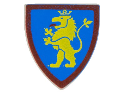 LEGO onderdeel Minifigure, Shield Triangular with Yellow Lion Standing on Blue Background with Red Border Pattern (3846p4h)