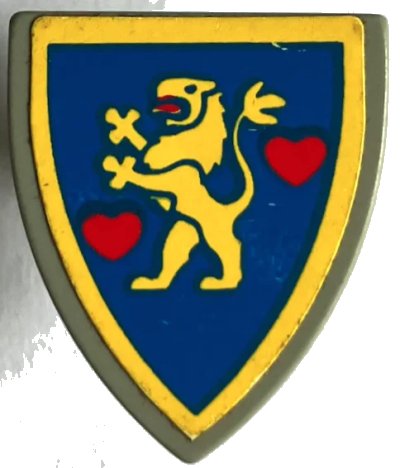 LEGO onderdeel Minifigure, Shield Triangular  with Lion Standing Yellow, and 2 Red Hearts Pattern (Sticker) - Set 1592 (3846pb001)