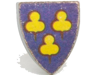 LEGO onderdeel Minifigure, Shield Triangular  with 3 Yellow Trefoils on Purple Background Pattern (Sticker) - Set 375-2 (3846pb011eu)