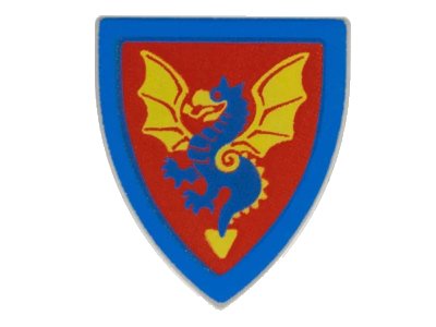 LEGO onderdeel Minifigure, Shield Triangular  with Blue and Yellow Dragon on Red Background Pattern (3846px10)