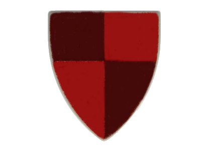 LEGO onderdeel Minifigure, Shield Triangular  with Red/Maroon Quarters Pattern (3846px3)