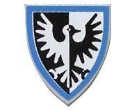 LEGO part Minifigure, Shield Triangular  with Black and White Falcon with Blue Border Pattern 3846px9