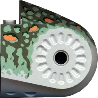 LEGO onderdeel Dinosaur Body Quarter with Pin Holes with Dark Gray, Dark Green, Medium Orange, and Sand Green Markings Spotted Pattern (40373pb04)
