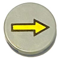 LEGO part Tile, Round 2 x 2 with Yellow Arrow with Black Border Pattern 4150p04