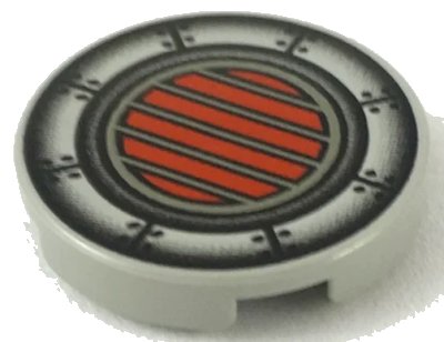 LEGO onderdeel Tile, Round 2 x 2 with Yellow and Black Vent Lines in Red Circle and Plates with Rivets Pattern (SW Podracer) (4150ps1)