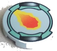 LEGO part Tile, Round 2 x 2 with Flame and Sand Green Border Pattern 4150px3