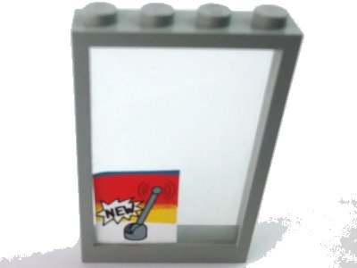 LEGO onderdeel Window 1 x 4 x 5 with Fixed Glass with Light Gray Lever and Base and Black 'NEW' Pattern (Sticker) - Set 6378 (4347pb05)