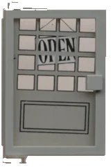 LEGO onderdeel Door 1 x 4 x 5 Left with Trans-Clear Glass and Open Sign & 16 Small Panes Pattern (Sticker) - Set 6765 (73436c01pb02)