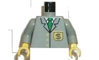 LEGO part Torso Bank Employee Jacket with Tie and Dollar Sign Badge Pattern / Light Gray Arms / Yellow Hands 973pb0194c01