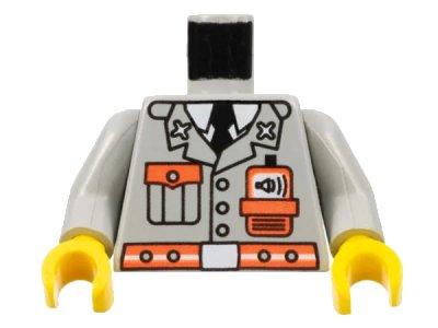 LEGO onderdeel Torso Fire Jacket with Pocket, Black Tie, Neon Orange Radio and Belt, White Undershirt and Buckle Pattern / Light Gray Arms / Yellow Hands (973pb0338c01)