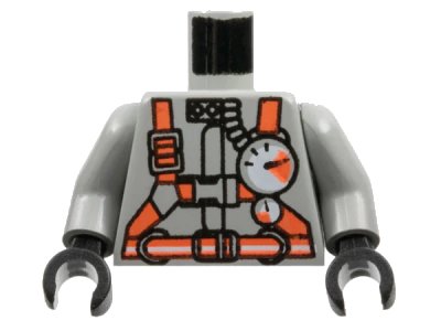 LEGO onderdeel Torso Fire Shirt with Gauge, Neon Orange Belt and Straps Pattern / Light Gray Arms / Black Hands (973pb0340c01)