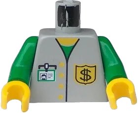 LEGO onderdeel Torso Bank Employee Jacket, Dollar Sign Badge and ID Pattern / Green Arms / Yellow Hands (973px31c01)