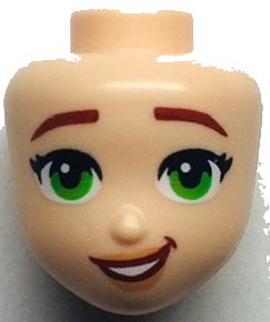 LEGO onderdeel Mini Doll, Head Friends with Dark Red Eyebrows, Black Eyelashes, Green Eyes, Nougat Lips, Open Mouth Smile with Teeth Pattern (101136)