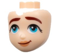 LEGO part Mini Doll, Head Friends with Thick Dark Red Eyebrows, Medium Azure Eyes, Nougat Lips, and Smirk Pattern 101155