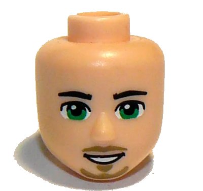 LEGO onderdeel Mini Doll, Head Friends Male Large with Black Eyebrows, Green Eyes, Dark Tan Moustache and Goatee, Open Mouth Smile with Teeth Pattern (19739)