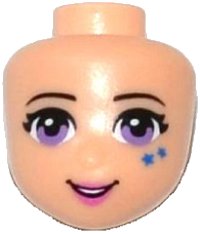 LEGO part Mini Doll, Head Friends with Black Eyebrows, Eyelashes, Medium Lavender Eyes, Blue Stars, Dark Pink Lips, Open Mouth Smile with Teeth Pattern 21079