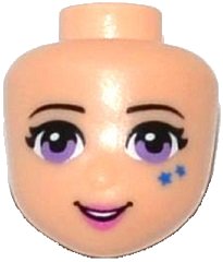 LEGO part Mini Doll, Head Friends with Black Eyebrows, Eyelashes, Medium Lavender Eyes, Blue Stars, Dark Pink Lips, Open Mouth Smile with Teeth Pattern (21079)