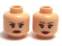 LEGO part Minifigure, Head Dual Sided Female Reddish Brown Eyebrows, Black Eyelashes, Nougat Eye Shadow, Dark Red Lips, Frown / Grin Pattern 3626pb0416