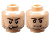 LEGO part Minifigure, Head Dual Sided Dark Brown Bushy Eyebrows and Beard Stubble, Upper Eyelids, Dark Orange Chin Dimple, Lopsided Open Mouth Scowl with Teeth / Grin Pattern 3626pb0417