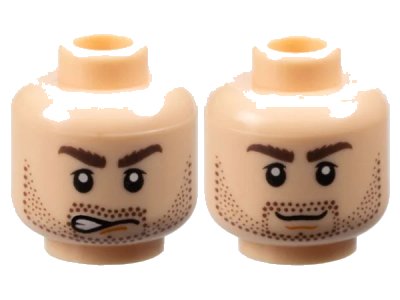 LEGO onderdeel Minifigure, Head Dual Sided Dark Brown Bushy Eyebrows and Beard Stubble, Upper Eyelids, Dark Orange Chin Dimple, Lopsided Open Mouth Scowl with Teeth / Grin Pattern (3626pb0417)