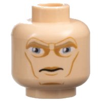 LEGO onderdeel Minifigure, Head Dark Tan Eyebrows, Large Sand Blue Eyes, Medium Nougat Eye Shadow, Upper Lip, Cheek Lines, and Chin Dimple, Scowl Pattern 3626pb0519