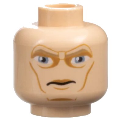 LEGO onderdeel Minifigure, Head Dark Tan Eyebrows, Large Sand Blue Eyes, Medium Nougat Eye Shadow, Upper Lip, Cheek Lines, and Chin Dimple, Scowl Pattern (3626pb0519)