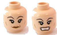 LEGO part Minifigure, Head Dual Sided Female, Dark Brown Eyebrows, Crow's Feet, Smile / Angry Pattern (HP Narcissa) 3626pb0590