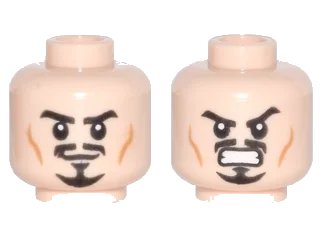 LEGO onderdeel Minifigure, Head Dual Sided Moustache, Goatee and Cheek Lines, Determined / Angry Pattern (3626pb0705)