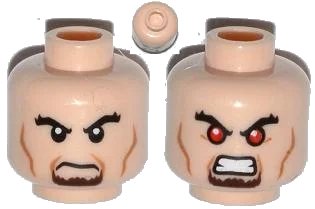 LEGO onderdeel Minifigure, Head Dual Sided Black Bushy Eyebrows, Brown Goatee, Cheek Lines, Angry / Bared Teeth with Red Eyes Pattern (3626pb0932)